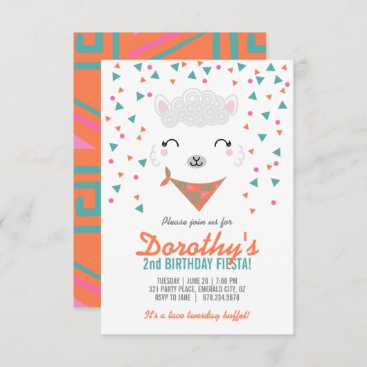 Invitation toute fille d'âge ANNIVERSAIRE FIESTA alpaca llama (Devant / Derrière)