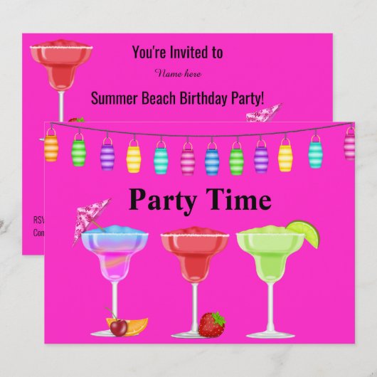 INVITATION TOUTE OCCASION BEACH COCKTAIL PARTY FLURO ROSE (Devant / Derrière)