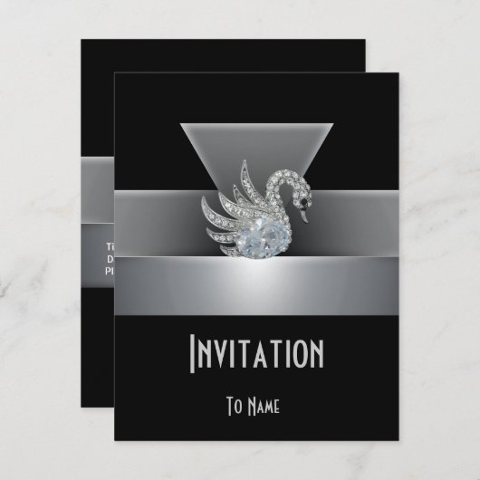 Invitation Toute Occasion Black Silver Swan Art Dé (Devant / Derrière)