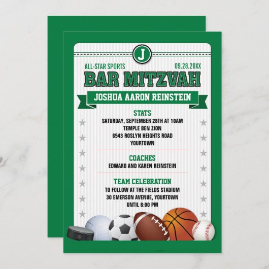 Invitation Toutes Star Sports Green Trading Card Bar Mitzvah (Devant / Derrière)