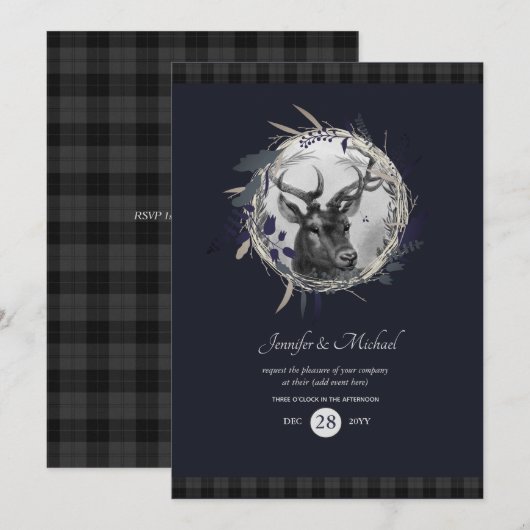 Invitation TOUTES - Tartan gris bleu avec cerf d'h (Devant / Derrière)