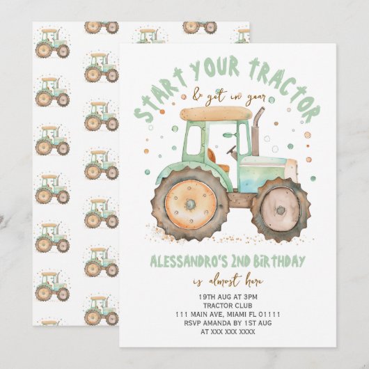 Invitation Tracteur agricole 2e anniversaire (Devant / Derrière)