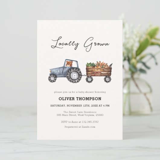 Invitation Tracteur agricole local Baby shower d'ours en pelu (Debout devant)