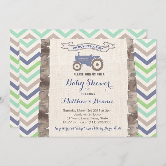 Invitation Tracteur avec Baby shower Chevrons pour garçon (Devant / Derrière)