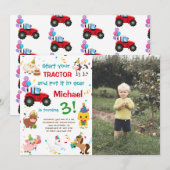 Invitation Tracteur et animaux de ferme | Photo Anniversaire (Devant / Derrière)