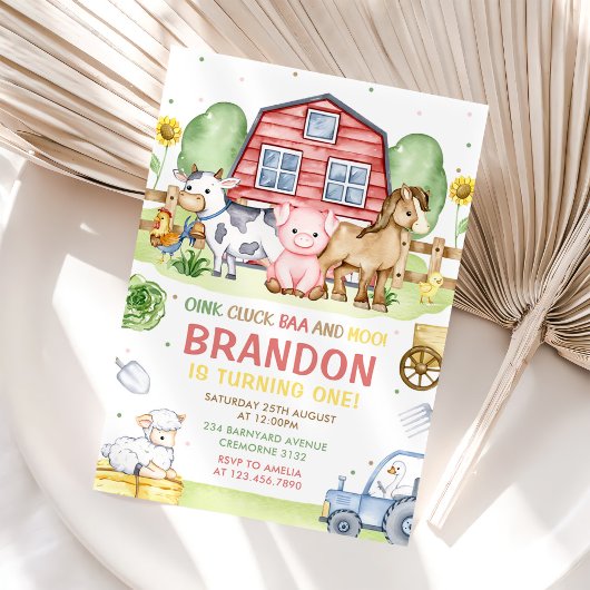 Invitation Tracteur ferme Animaux Oink Baa Moo 1er anniversai