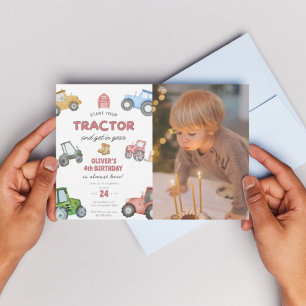 Invitation tracteur photo personnalisé 4e anniversaire