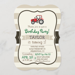 Invitation Tracteur Red Farm sur Tan Stripes
