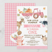 Invitation Tracteur rose Citrouille Et Animaux De Ferme 1er A (Devant / Derrière)