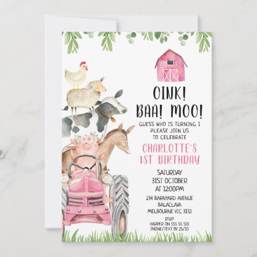 Invitation Tracteur rose Farmyard Oink Baa Moo Farm Anniversa (Devant)