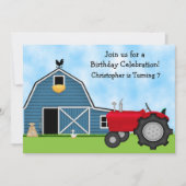 Invitation Tracteur rouge mignon et ferme à grange bleue fête (Devant)