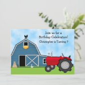 Invitation Tracteur rouge mignon et ferme à grange bleue fête (Debout devant)