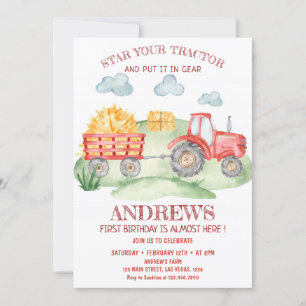 Invitation Tracteur rouge, tout âge, anniversaire