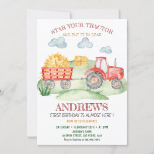 Invitation Tracteur rouge, tout âge, anniversaire