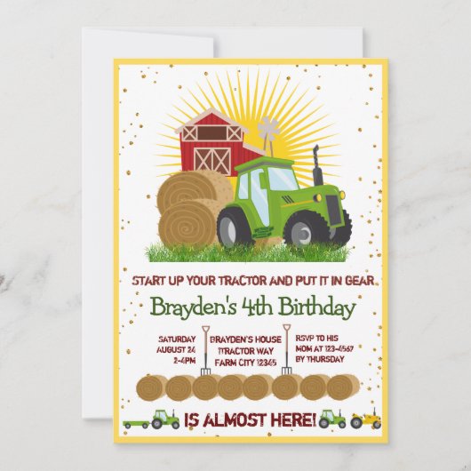 Invitation Tracteur vert 🚜 Camions Thématique fête d'anniver (Devant)