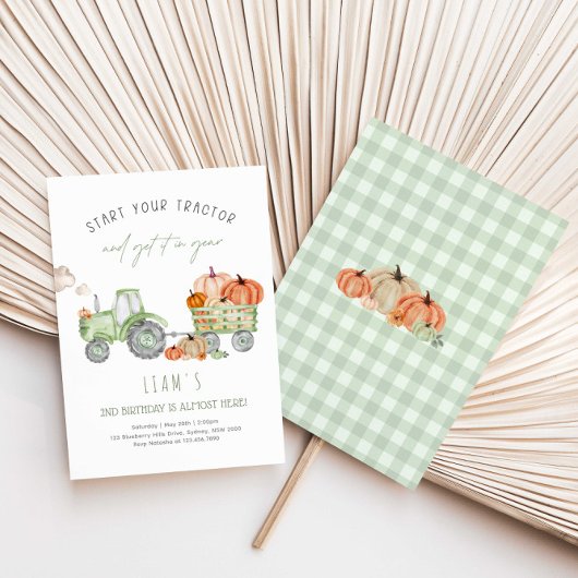 Invitation Tracteur vert et fête d'anniversaire Citrouille