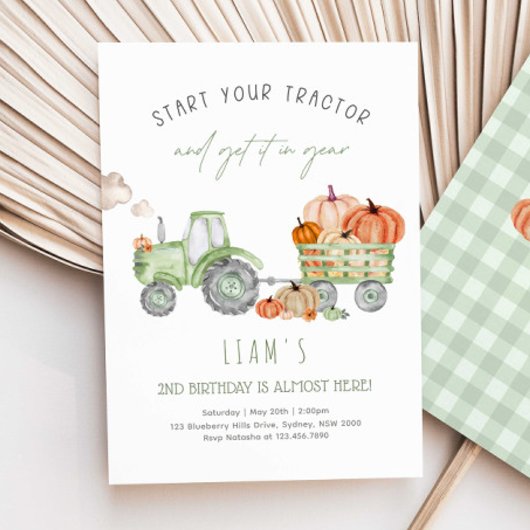 Invitation Tracteur vert et fête d'anniversaire Citrouille