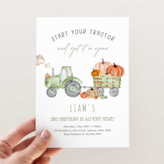 Invitation Tracteur vert et fête d'anniversaire Citrouille
