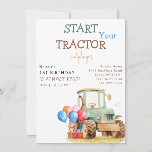 Invitation Tracteur vert et fête d'anniversaire des enfants d (Devant)