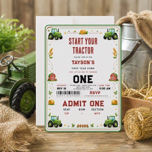 Invitation Tracteur vert rustique Ferme 1er anniversaire