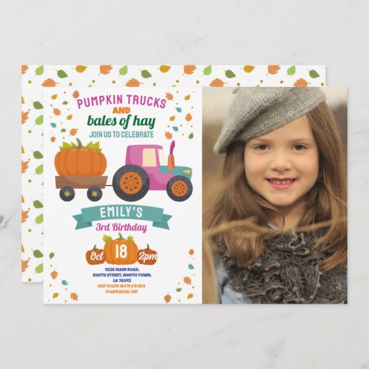 Invitation Tracteurs Citrouille rose fête d'anniversaire fill (Devant / Derrière)