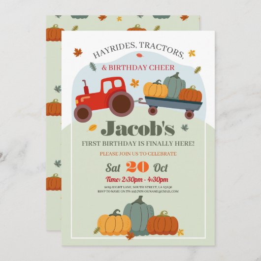 Invitation Tracteurs Citrouilles Anniversaire 1er automne Inv (Devant / Derrière)