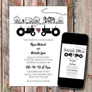Invitation Tracteurs en LOVE Mariage agricole noir et blanc