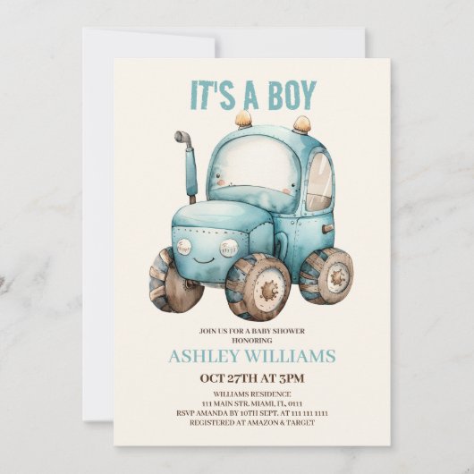 Invitation Tractor Boy Blue Baby Shower (Devant)