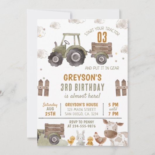 Invitation Tractor Farm Boy 3e fête d'anniversaire (Devant)