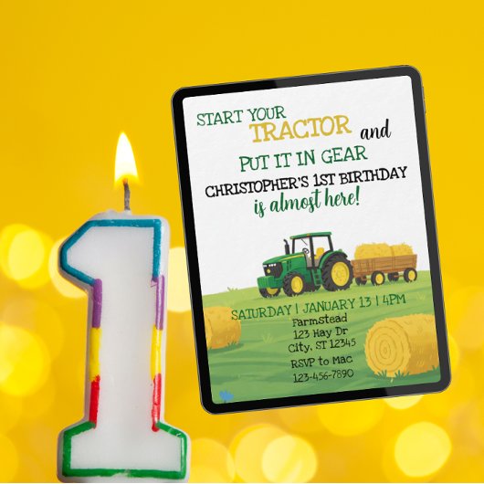 Invitation Tractor in Gear, 1st Birthday