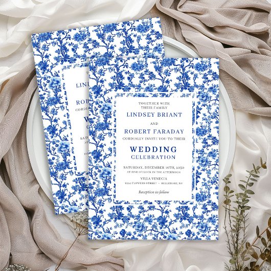 Invitation Traditional French Toile Blue Floral Wedding 
