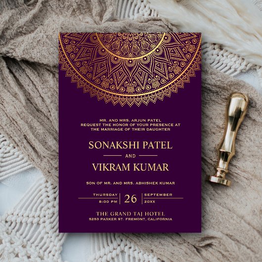 Invitation Traditional Purple Gold Mandala Indian Wedding