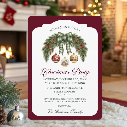 Invitation Traditional Rustic Burgundy Christmas Party  