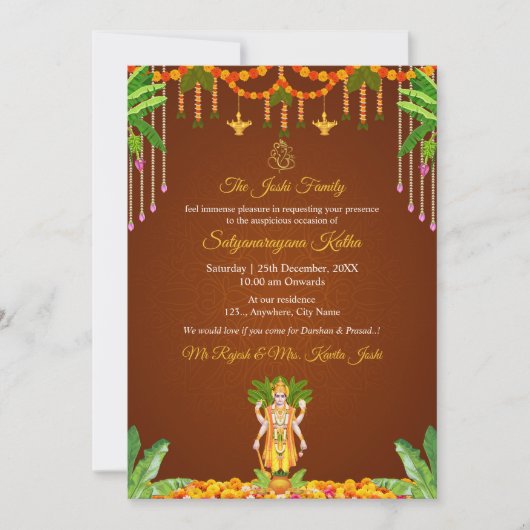 Invitation traditionnelle à la Pooja de Satyanaray (Devant)