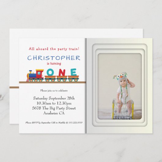 Invitation Train 1er anniversaire Modèle photo de réception (Devant / Derrière)