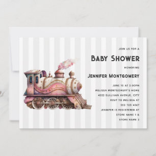 Invitation Train à vapeur rose vintage baby shower steampunk