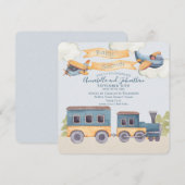 Invitation Train Aquarelle et Avions Bébé Garçon Bleu (Devant / Derrière)