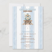Invitation Train bleu vintage 1er anniversaire (Devant)