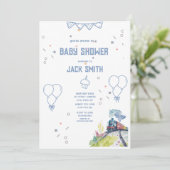Invitation Train Blue Balloons garçon Baby shower Whimsical (Debout devant)