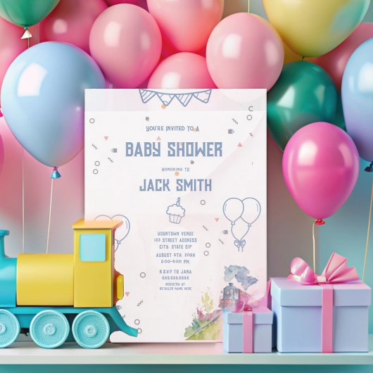 Invitation Train Blue Balloons garçon Baby shower Whimsical