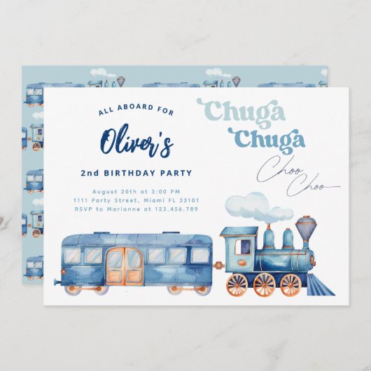 Invitation Train Blue Chuga Chuga Choo Choo Anniversaire mode (Devant / Derrière)