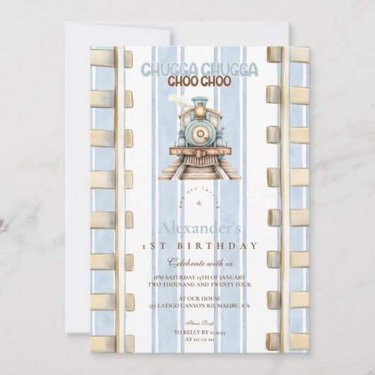 Invitation Train Blue Watercolor 1er anniversaire (Devant)