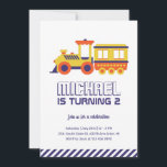 Invitation Train Carnaval Purple Yellow Kids Boys Anniversair<br><div class="desc">Un design sympa pour les enfants,  les garçons ou les filles qui aiment l'entraînement. Parfait pour la fête d'anniversaire du carnaval. Vous pouvez customiser le libellé pour l'adapter à d'autres occasions.</div>