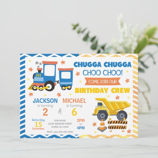 Invitation Train Choo Choo & Construction Anniversaire Commun (Debout devant)