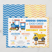 Invitation Train Choo Choo & Construction Anniversaire Commun (Devant / Derrière)