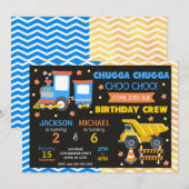 Invitation Train Choo Choo & Construction Anniversaire Commun (Devant / Derrière)