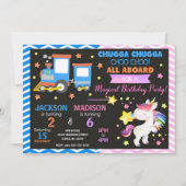Invitation Train Choo Choo & Licorne Anniversaire Commun (Devant)