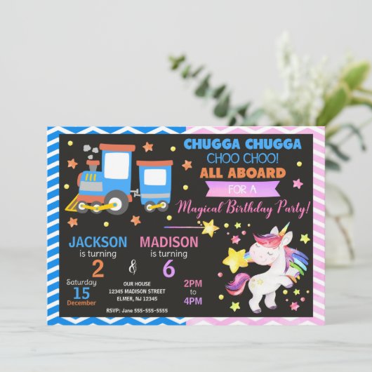 Invitation Train Choo Choo & Licorne Anniversaire Commun (Debout devant)