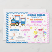Invitation Train Choo Choo & Licorne Anniversaire Commun (Devant)