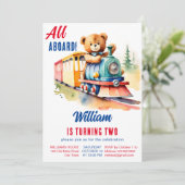 Invitation Train d'anniversaire mignon ours en peluche en tra (Debout devant)
